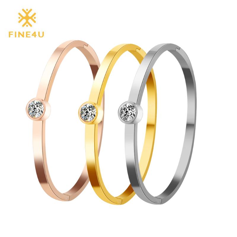 

2020 New FINE4U B045 316L Stainless Steel For Women Tension Setting CZ Bracelets & Bangles 3 Colors Choices