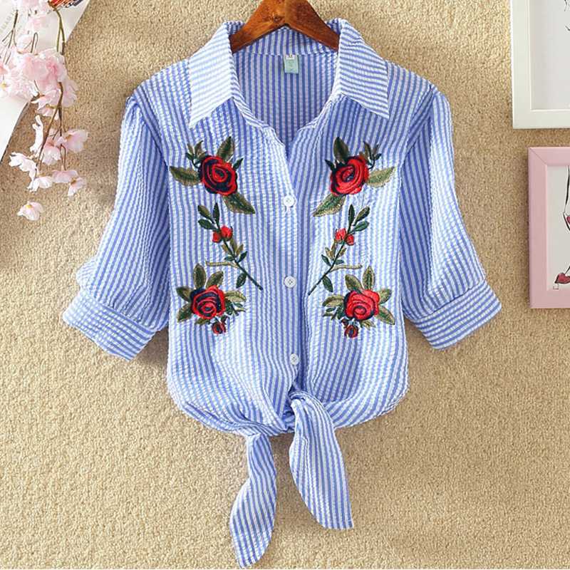 

2020 New Women Blouse Short Tops Kimono Pinstripe Hem Puff Sleeve Blue Striped Shirt Blusas Embroidered Appliques Blouse Top Hot, 6683-pink bird