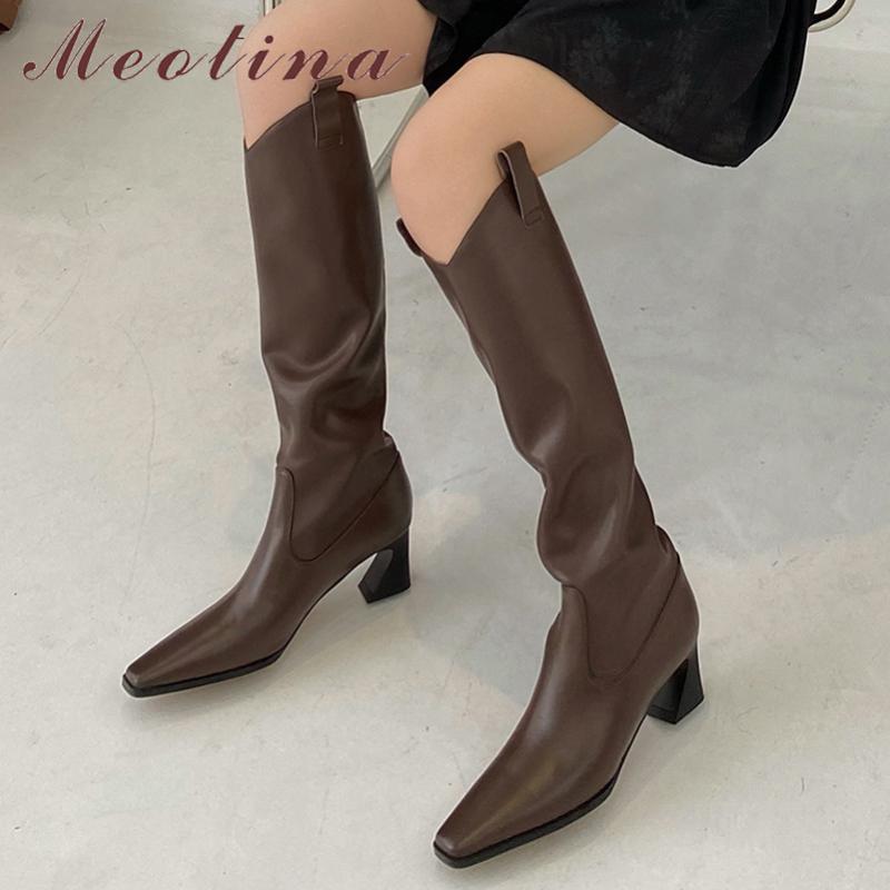 

Meotina Women Knee High Boots Shoes Pleated Real Leather High Heel Western Boots Square Toe Strange Style Heels Long Lady, Black synthetic lin