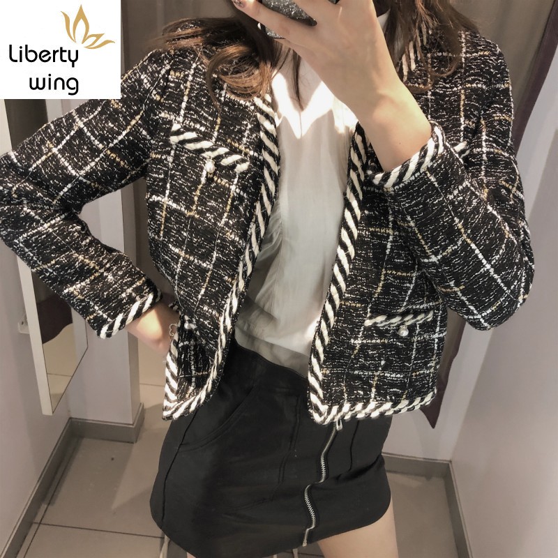 

Fashion New Design Spring Autumn Womens Chic Plaid Tweed Jackets Long Sleeve V-Neck Pearls Office Ladies Short Open Stitch Coats, As picture