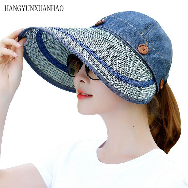 

Sun Hat Ladies Wide Brim Straw Women Wide Large Brim Floppy Summer Beach A Sun Hat Straw Button Cap Summer Hats For Women, Sky blue