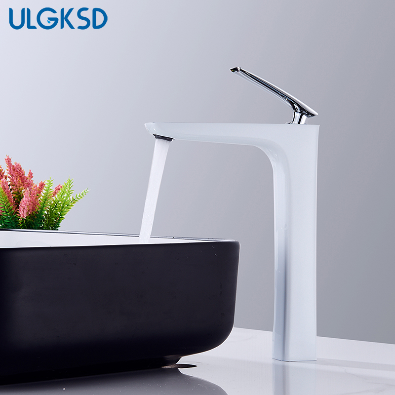 

ULGKSD Tall Basin Faucet Chrome And White Brass Spout Vanity Sink Cold Hot Mixer Tap For Bathroom Deck Mounted torneira