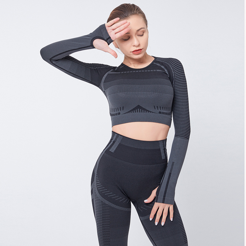 

Europe and America INS Online Celebrity Section Sports Yoga Clothes Suit Tight Navel Long Sleeve Buttock Lifting Elasticity jian, Blue