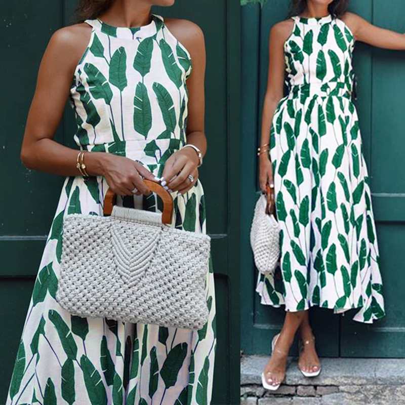 

Sundress Celmia Women Long Dress Sexy Halter Leaf Printed Casual Sleeveless Loose Beach Maxi Vestidos 2020 Summer Plus Size Robe, Green