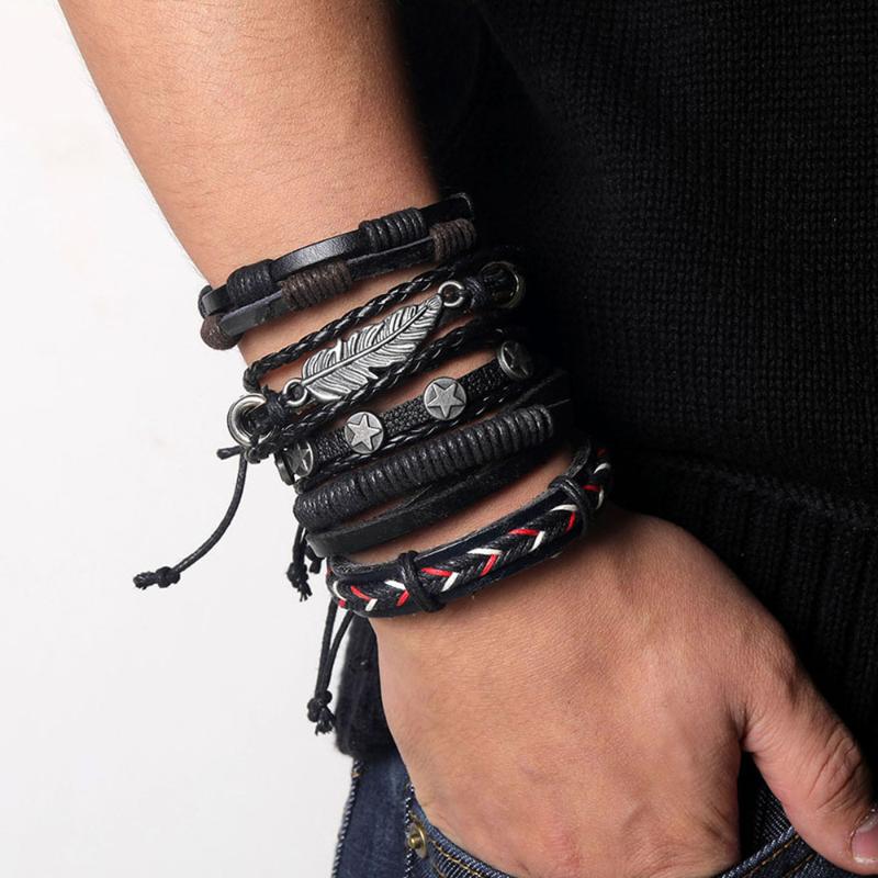 

Fashion Leaf Feather Charm Leather Bracelet Men Vintage Handmade Braided Multilayer Rope Wrap Bracelets & Bangles Male Gift
