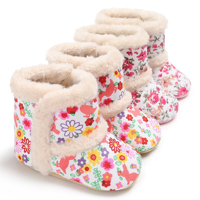 

Baby Boots Shoes Girl Winter Warm Fluff Inside Flower Print Newborn Toddler Anti-slip First Walkers Infant Crib Shoes Booties