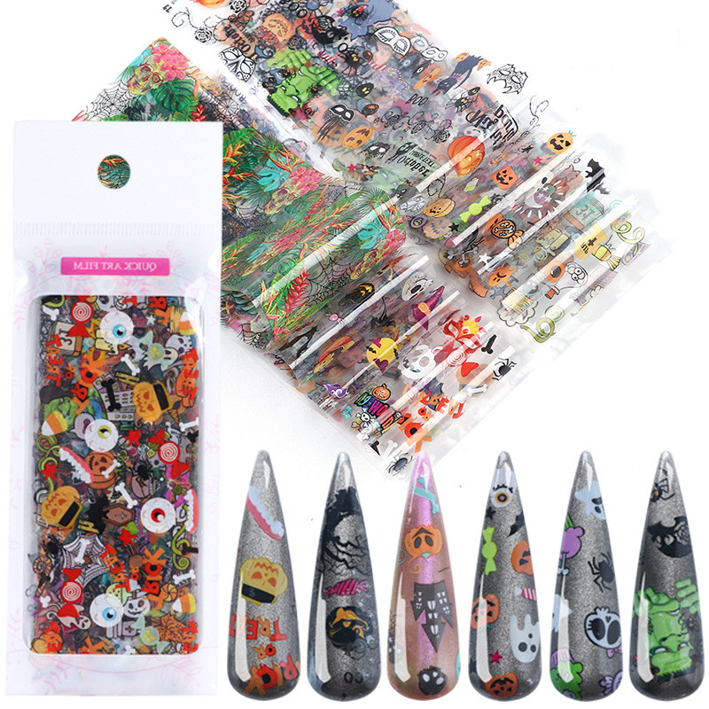 

Halloween Nail Art Stickers Nail Decals Green Giant Pumpkin Skull Set Transfer Paper Nail Art Decorations Tool Pegatinas De Uñas, 10pcs /set