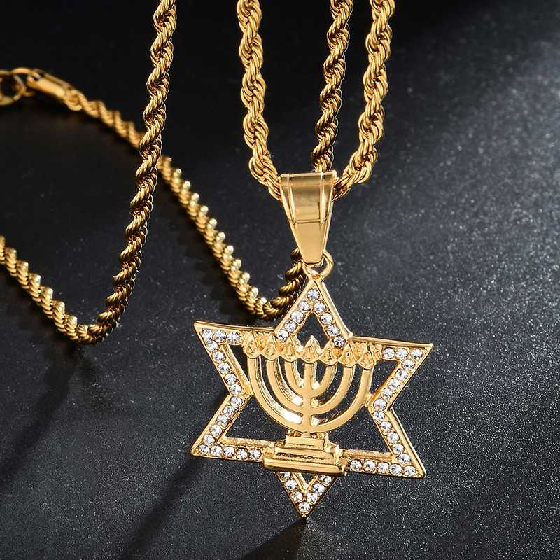 

US7 Men Women Iced Out Cubic Zircon Hexagon Star Pendant Necklace Symmetrical Candle Holder Gold Silver Color Hip Hop Jewelry