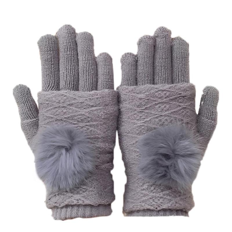 

Winter Women Soft Fur Ball Faux Cashmere Touch Screen Full Fingers Warm Gloves
