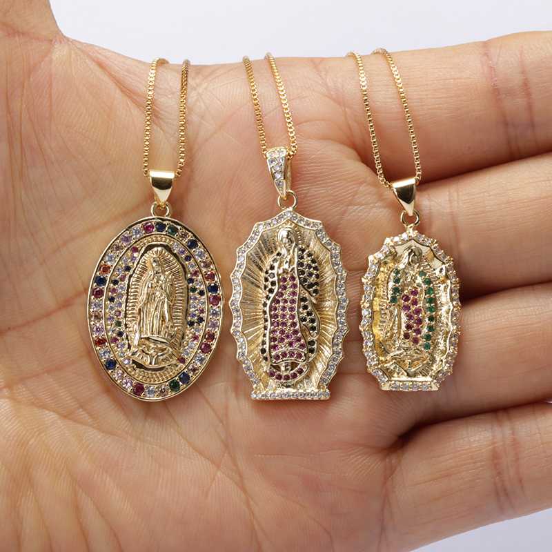 

Pendant Necklaces 18 Inches Multiple Colors Cubic Zircon Cz Crystal Paved Religious Belief The Blessed Virgin Mary Gold Necklace Unisex