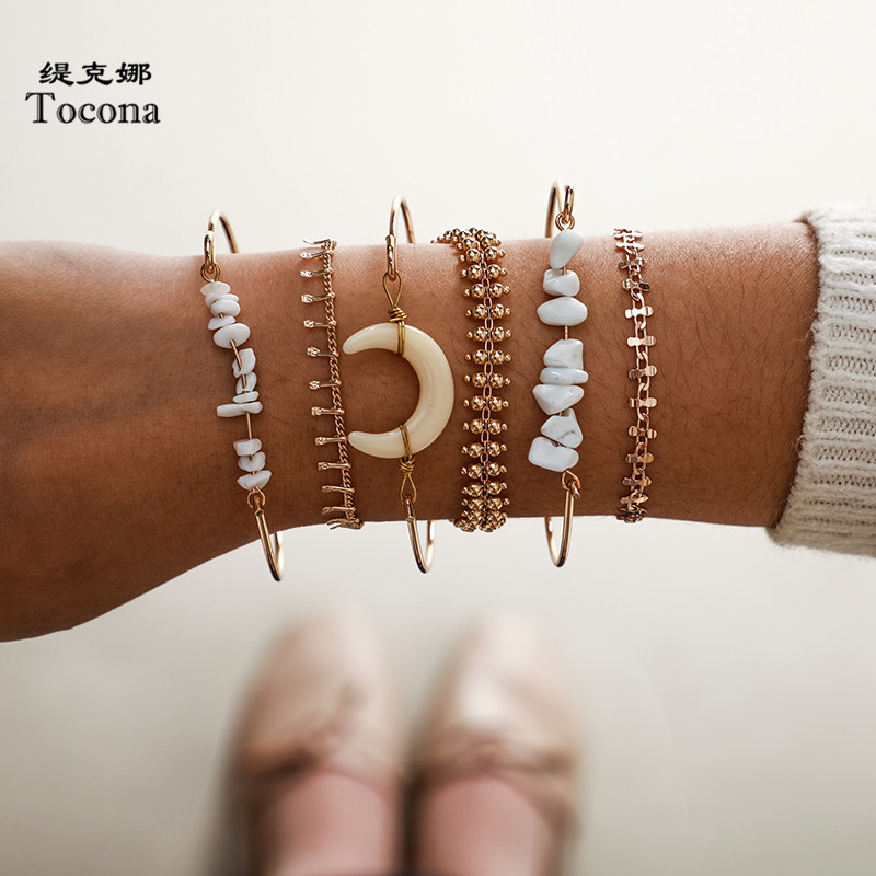 

Tocona 6pcs/sets Bohemian Moon Braclets for Women Summer Natural Stone Gold Chain Charming Bangles Jewelry Wholesale 9089