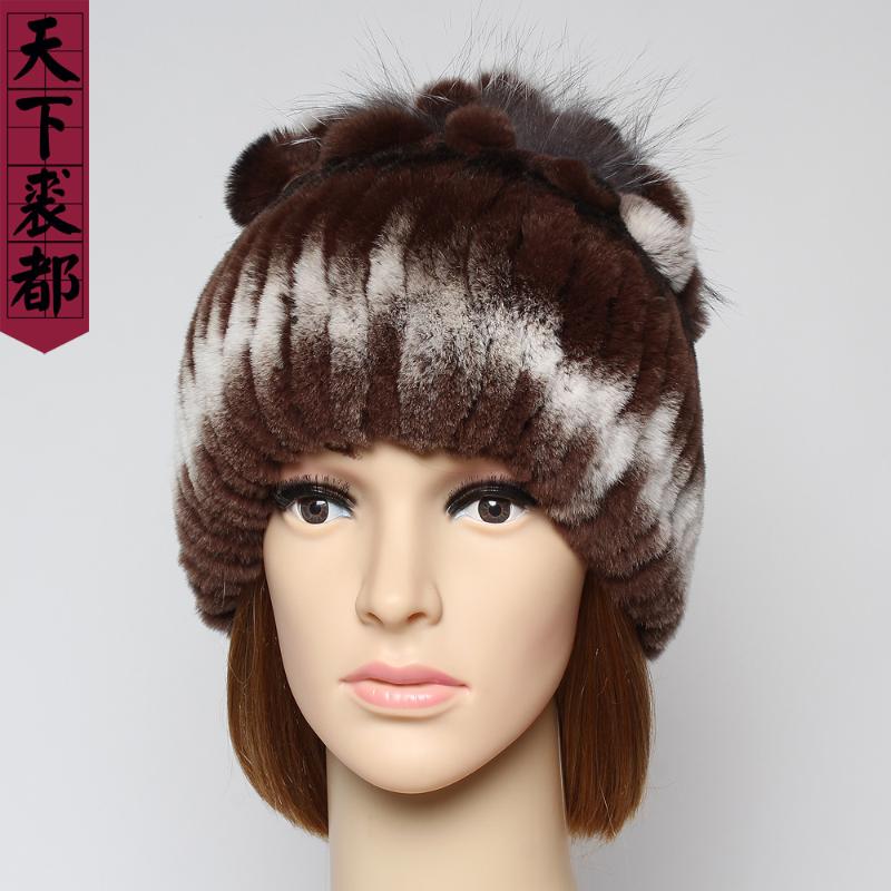 

New Women Winter Knitted Real Rex Fur Hat Russia Lady Warm Fashion Natural Rex Fur Hat Genuine Hats, Color 4