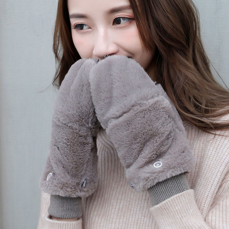 

Five Fingers Gloves Women's Winter Warm Double Layers Fleece With Half Female Clam Shell Mittens For Students Cute