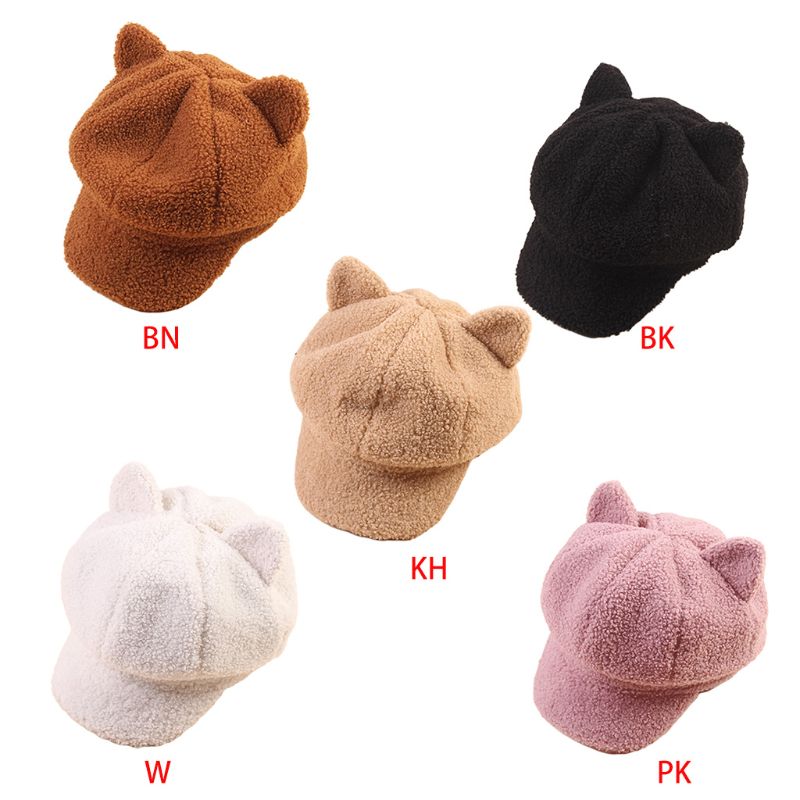 

Women Girls Winter Faux Wool Warm Beret Cap Cute Cat Ears Octagonal Pumpkin Hat 2XPC, Black