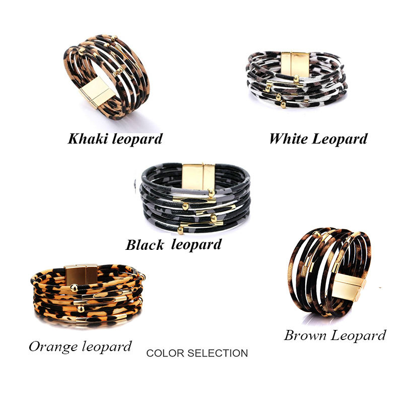 

2020 new leopard magnet buckle leather multi-layer wide bracelet wear bead leather rope bracelet copper tube for women