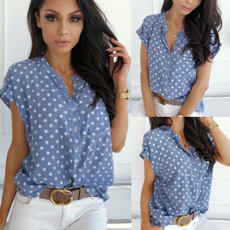 

Blue Polka Dot Print Womens Tops and Blouses Short Sleeve V Neck Slim Blouse Women Summer Clothes Casual Loose Shirts Streetwear