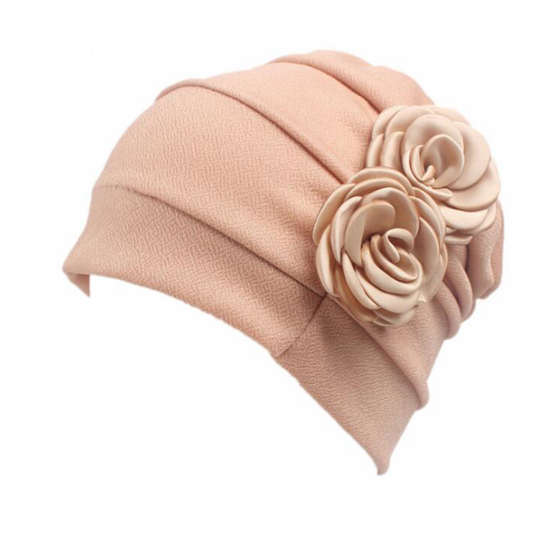 

2020 Women's Elegant 3D Two Flower Turban Hats Beanies Hats Pleated Skullies Hair Accessory Bandana Hair Cover Chemotherapy, Khaki