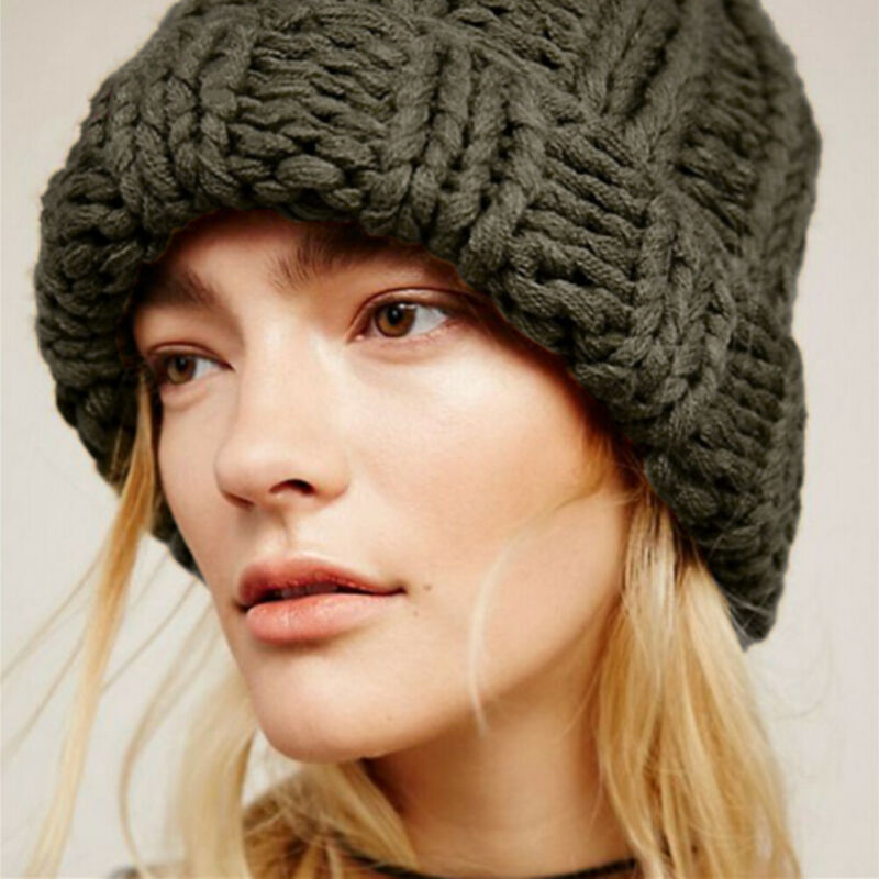 

Women Ladies Thick Braided Crochet Wool Knit Ski Ball Cap Baggy Winter Warm Hat