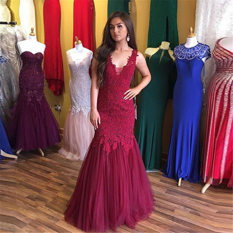 

Burgundy Lace Mermaid Prom Dresses with Appliques V Neck Tulle Floor Length Formal Evening Party Gowns, Same as picture