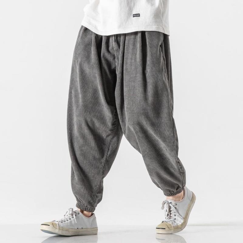 

MRDONOO Corduroy Casual Pants Men's Loose Large Size Fat Drawstring Elastic Waist Trousers Solid Color Autumn harem pants, Black