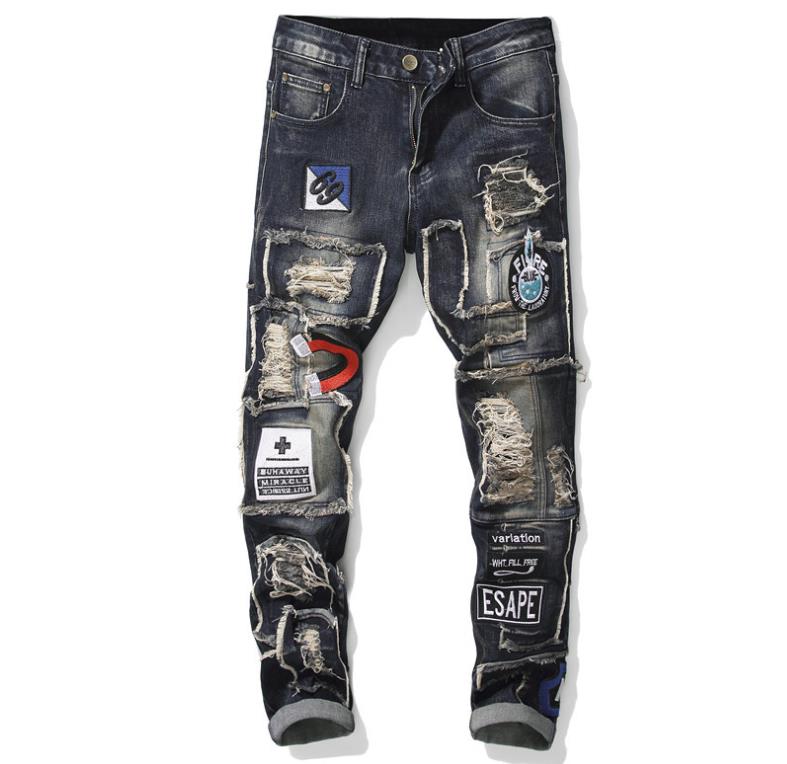 

Biker Patch Badge Men's Destroyed Ripped Distressed Stretch Denim Skinny Jeans Slim Patchwork Pants Long Trousers #06, As the picture