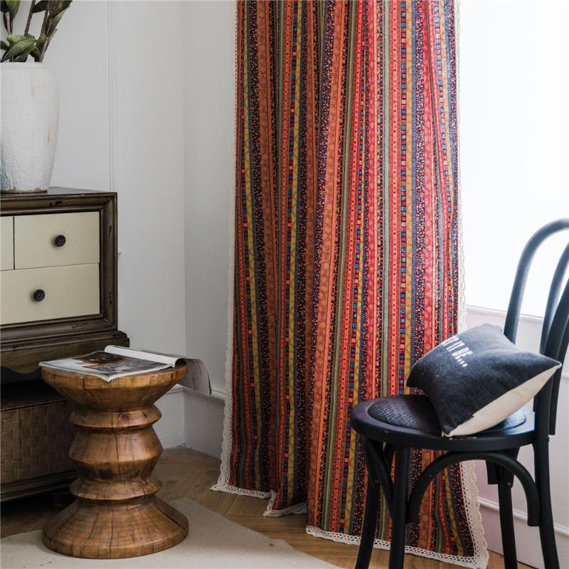 

Bohemian Striped Printing Orange Cotton Linen Art Kitchen Half Shaded Curtains, As pic
