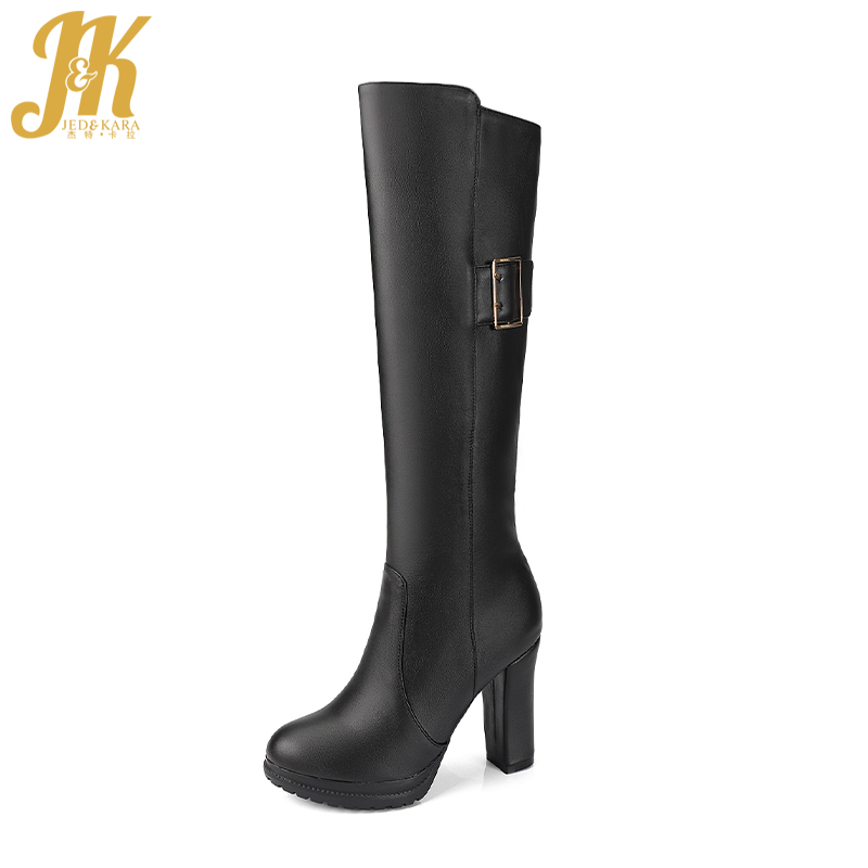 

JK Knee High Women Boots Fashion Platform Pu High Heels Boots Winter Warm Winter Shoes Round Toe Zipper Thick Heels Footwear, Black