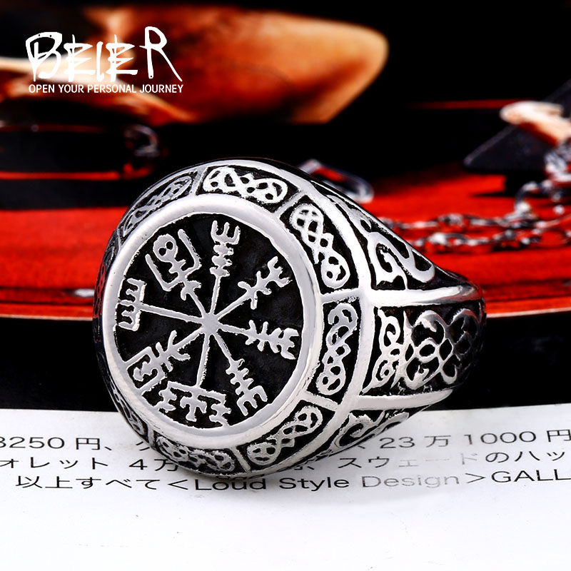 

Beier new store 316L Stainless Steel Viking amulet men's ring Nordic pagan round shield ring free shipping LLBR8-657R