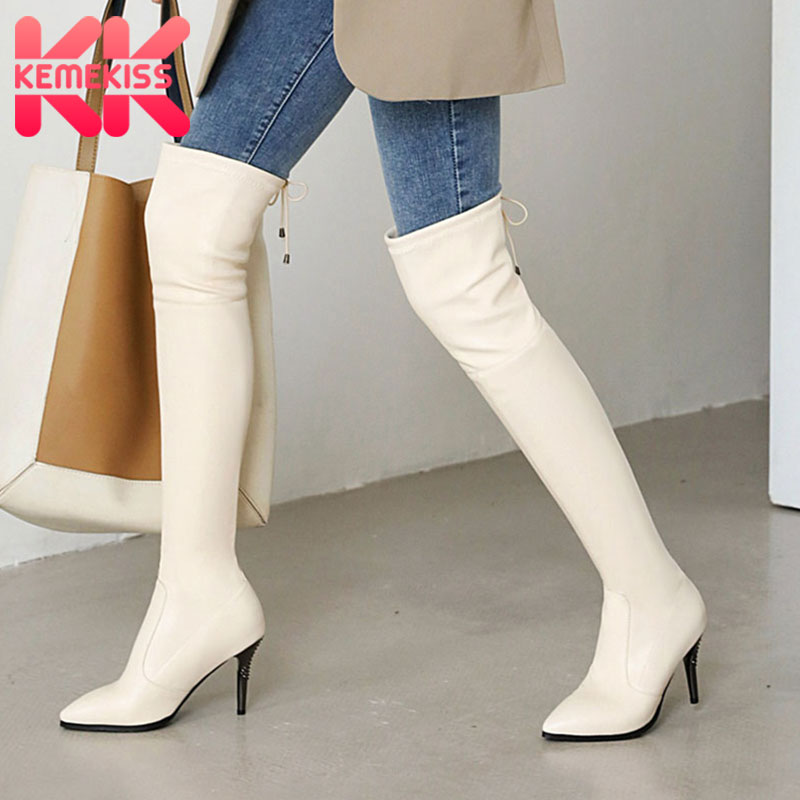 

KemeKiss Women Sexy Over The Knee Boots Thin High Heel Pointed Toe Lace Up Solid Color Winter Shoes Female Footwear Size 33-44, Black