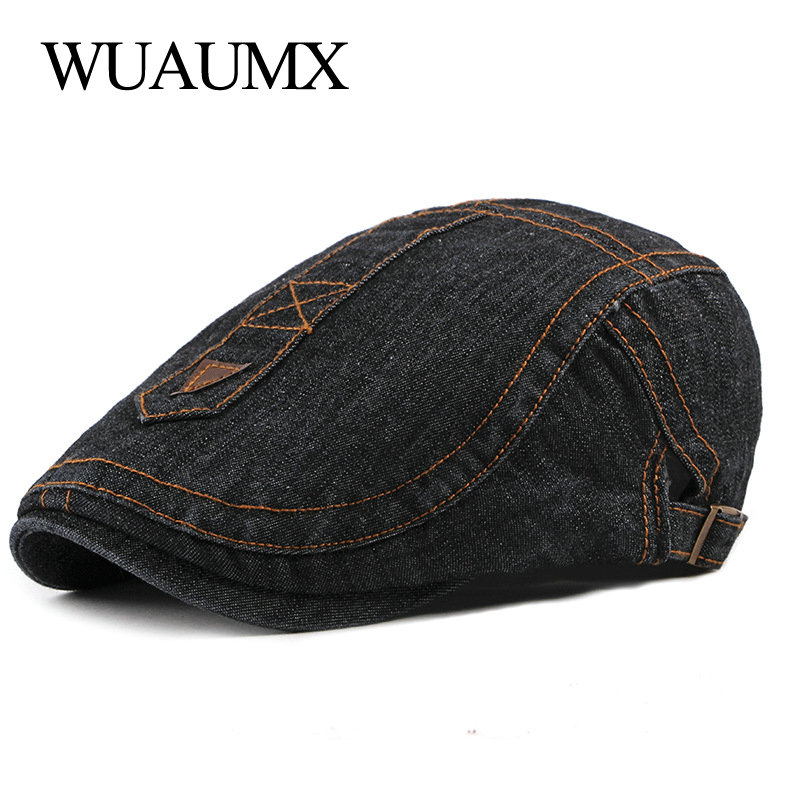 

Berets Wuaumx Casual Hat Men Visor Cap British Peaked Flat Denim Cotton Duckbill Spring Autumn Mens Casquette, Black