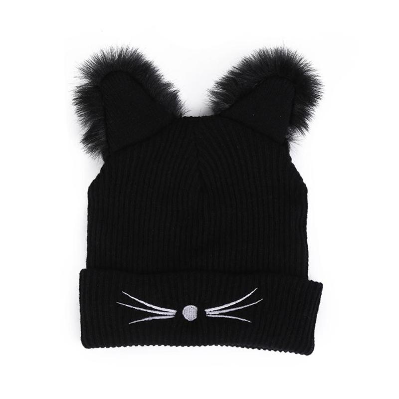 

Warm Winter Hat Fashion Lovely Cat Ear Hat For Women Ins Hot Harajuku Knitted Hats Skullies Female Beanies Bonnet Faux Mink, Black