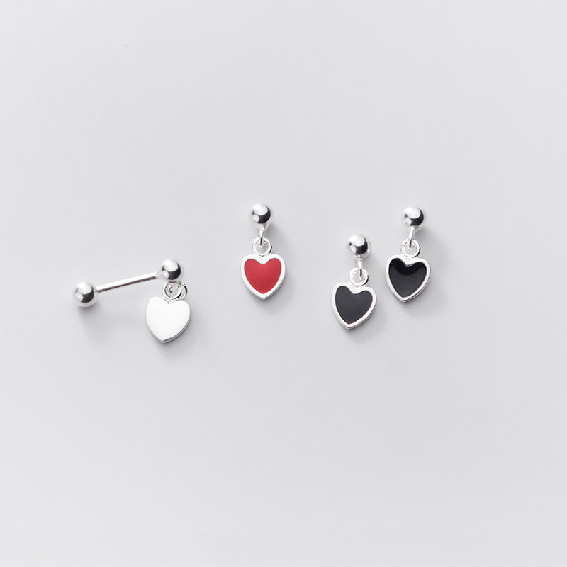

S925 Sterling SilverColor Red and Black Heart Shape Bead Screw Stud Earrings for Women Girls Lady Jewelry Gift