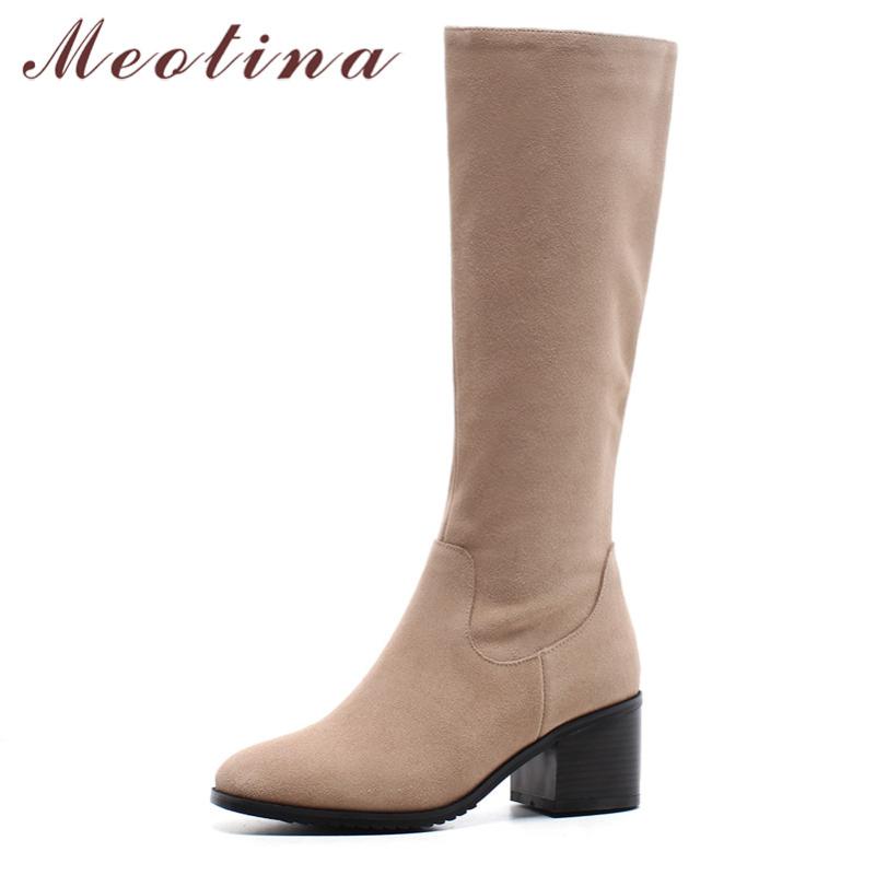 

Meotina Winter Knee High Boots Women Cow Suede Zipper Thick High Heel Long Boots Real Leather Square Toe Shoes Female Size 34-39, Black