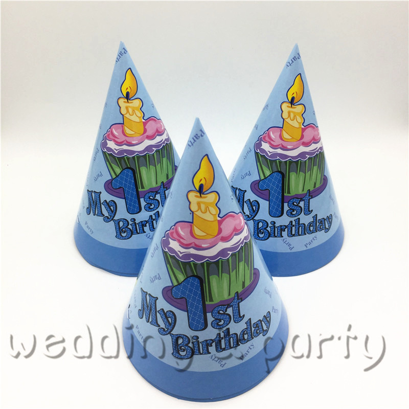 

6pcs/lot Birthday Caps and Hats Cute Blue My 1St Birthday theme Boy's Party Supplies Decoration 20cm * 14.5cm