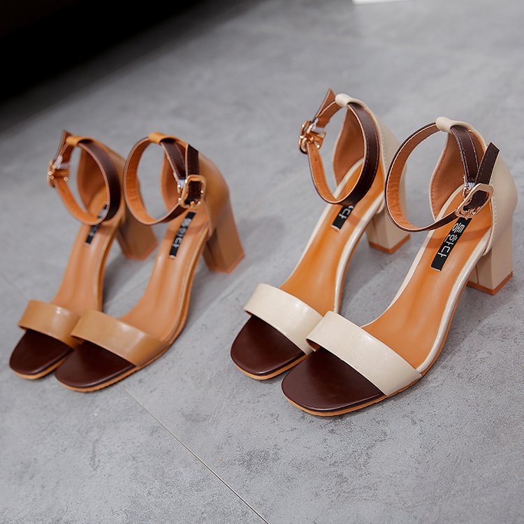 

Hot Sale-Sexy Summer Women Mid Heels Sandals Open Toe Women's Sandals Thick Heel Women Shoes Korean Style Gladiator Shoes, Dark brown