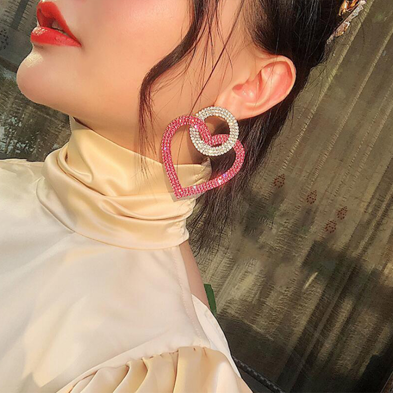 

2Pcs/Set Women Earrings Round Heart Pink Green Crystal Pendant Silver Color Stud Earring Set Engagement Party Jewelry