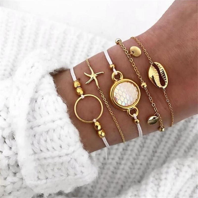 

cmoonry 5Pcs/Set Retro Bohemia Style Shell Starfish Geometric Charm Bracelet For Women Gold Color Bracelet & Bangle Wholesale