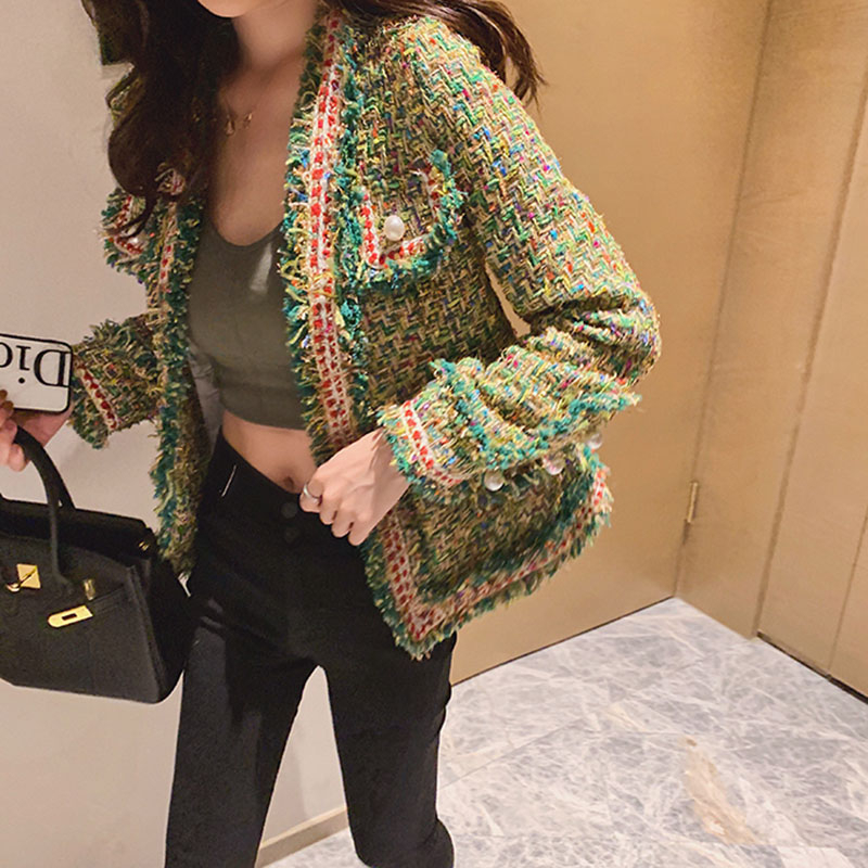 

New High Quality Designer Women Tweed Jackets v neck 2020 Spring Autumn Women' Long Sleeve Pearl Button Slim Tweed Coats QT52, Green