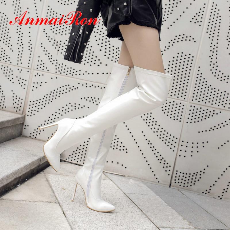 

ANMAIRON 2020 Basic Pointed Toe Over The Knee Boots Thin Heels Patent Leather Winter Shoes Women Fashion Thigh High Boots 34-43, Black