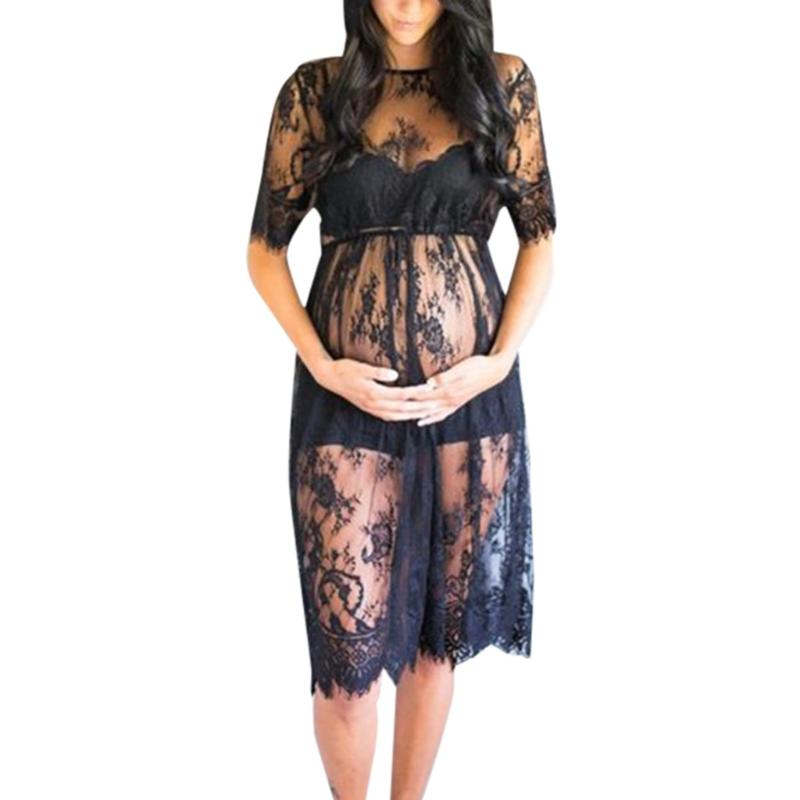 

Pregnant Women Eyelash Lace Short Sleeve Dress Fancy Photography Props Maternity Dress Lace Vestidos for Women Photo Shoot, Black
