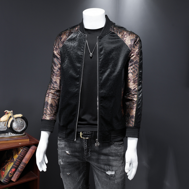 

Korean version handsome men's stand-up collar top stitching leather jacket printed baseball uniform 2022 autumn and winter trend casual fashion cotton jacket, Extra amount
