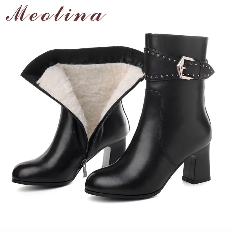 

Meotina Winter Snow Boots Women Natural Genuine Leather Buckle Thick High Heel Ankle Boots Warm Plush Zipper Shoes Ladies 34-39, Black