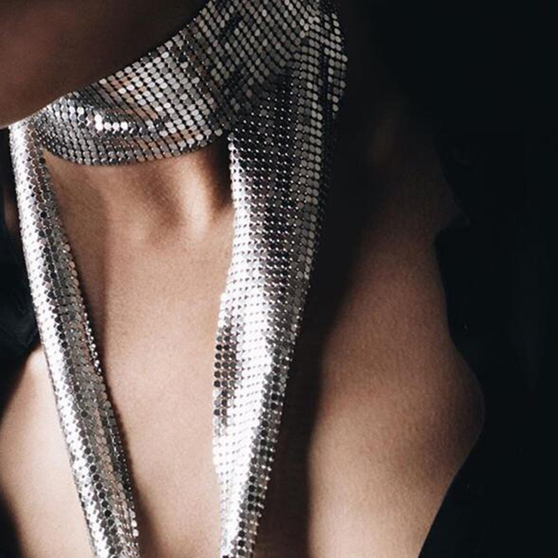 

Punk Statement Aluminium Alloy Sequins Pendant Long Choker Necklace Pendant Neck Collar Necklaces For Women Fashion Jewelry