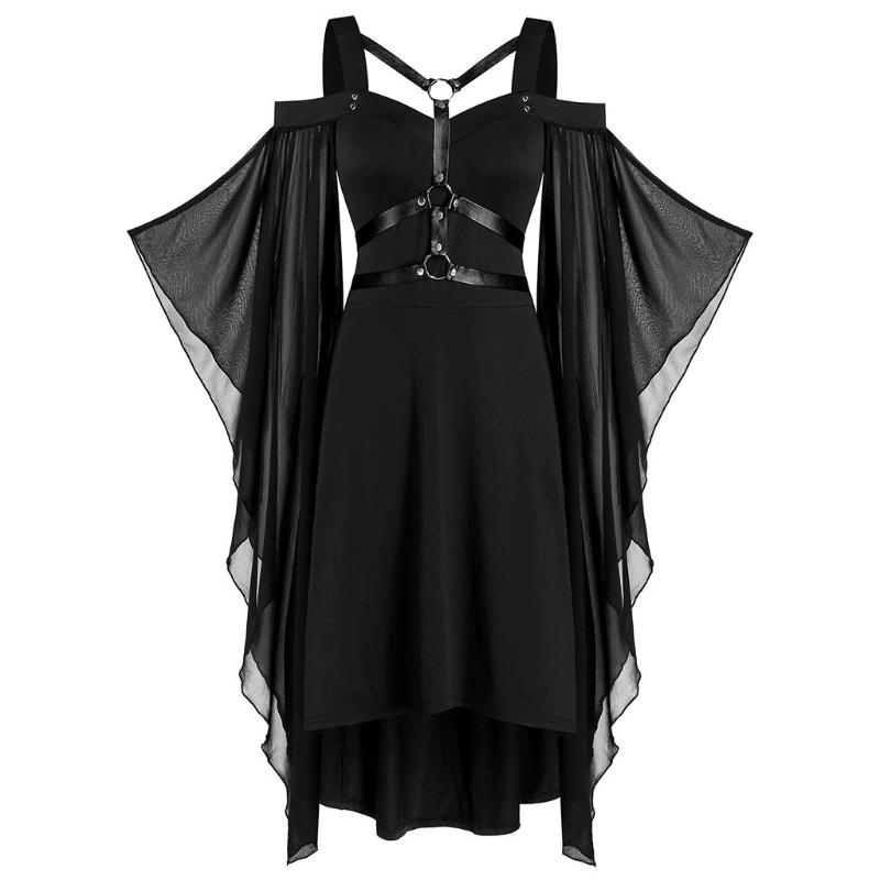 

Womne Plus Size Cold Shoulder Butterflies Sleeve Lace Up Gothic Style Halloween Dress Halloween Dress Women Costume#G30, Black