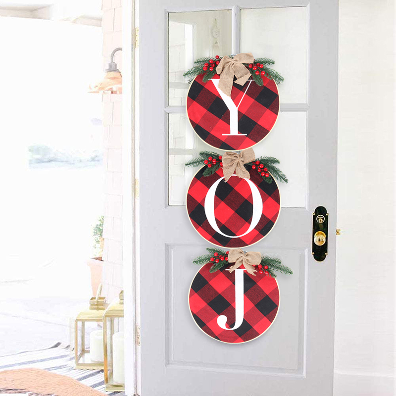 

Cyuan 3pcs Christmas Decoration Hanging Joy Sign Wooden Wreath with Plaid Cover Christmas Decorations for Home Noel 2021