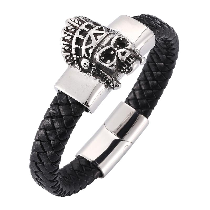 

Retro crown skull Men's Black braided leather bracelets fashion stainless steel magnetic clasp charm bracelet 7-SP0273