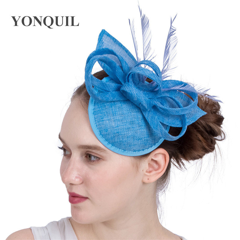 

New arrival Light blue chic fascinator hat wedding headpiece on hair clips feather charming millinery women holiday headband SYF197