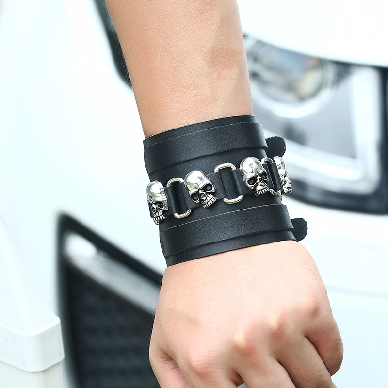 

Hyperbole Great Quality Black Unisex Rock Skeleton Charm Bangles Handmade Wide Wrap Wristband Motorcycle Jewelry