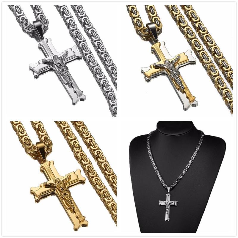 

High Quality Jesus Cross Necklaces&Pendants For Men Stainless Steel Chain Byzantine Necklace Christian Crucifix Jewelry