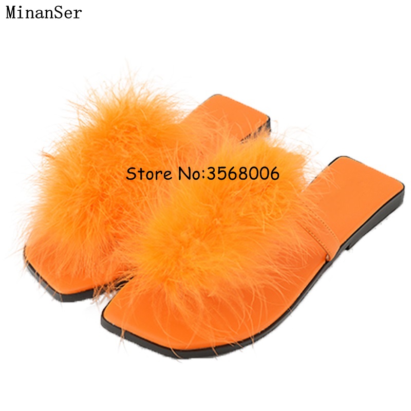 

New Arrivals Summer Fur Lady Slippers Open Toe Fashion Woman Sandals Shoes Top Quality Flats Slides Shoes Plus Size 43 44, As the picture